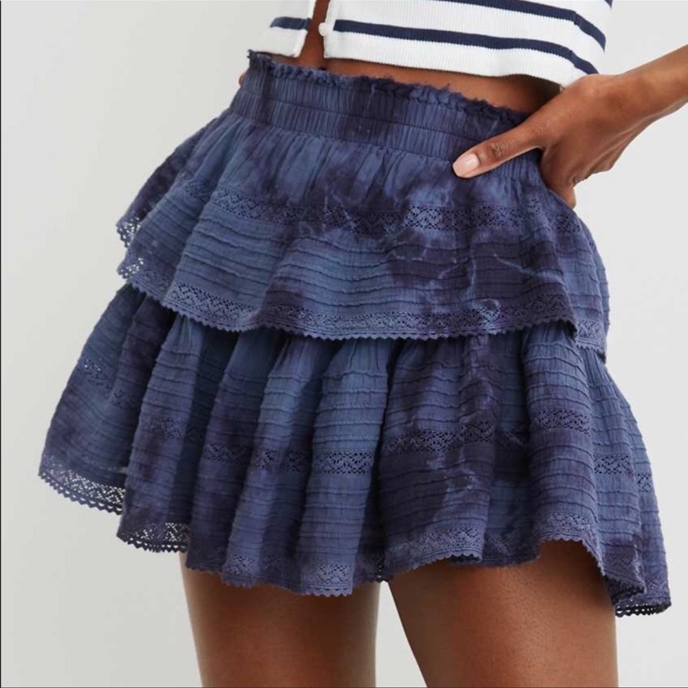 AERIE Blue tie die rock n ruffle skirt